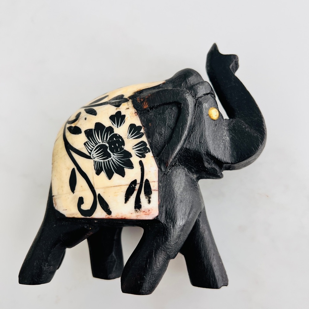 Black Elephant Carved Wood Inlaid Cream bone Black lotus vintage figurine